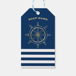 Nautic, Gold Boat Wheel, Navy Blue Stripes Geschenkanhänger