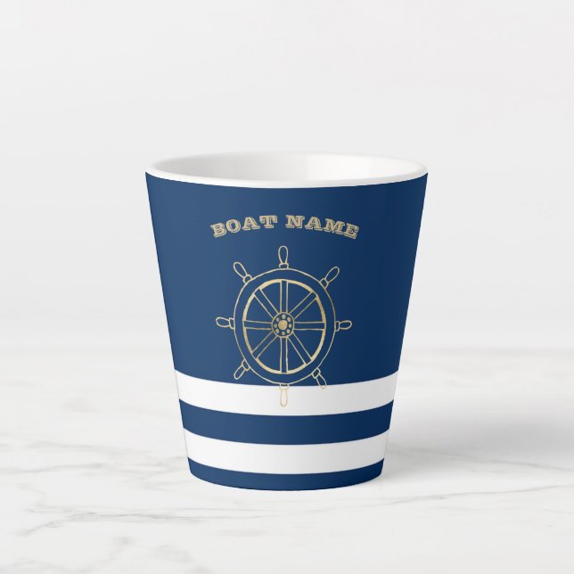 Nautic, Gold Boat Wheel, Navy Blue Stripes Milchtasse (Vorderseite)