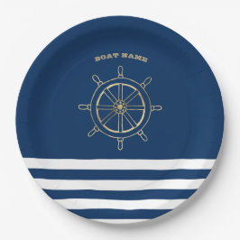 Nautic, Gold Boat Wheel, Navy Blue Stripes Pappteller