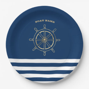 Nautic, Gold Boat Wheel, Navy Blue Stripes Pappteller