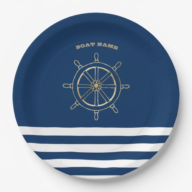 Nautic, Gold Boat Wheel, Navy Blue Stripes Pappteller (Vorderseite)