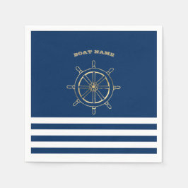 Nautic, Gold Boat Wheel, Navy Blue Stripes Serviette