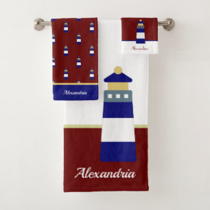 Nautic Gold Burgundy Maroon und Navy Blue Light Badhandtuch Set