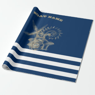 Nautic, Gold Seashells Navy Blue Stripes Geschenkpapier