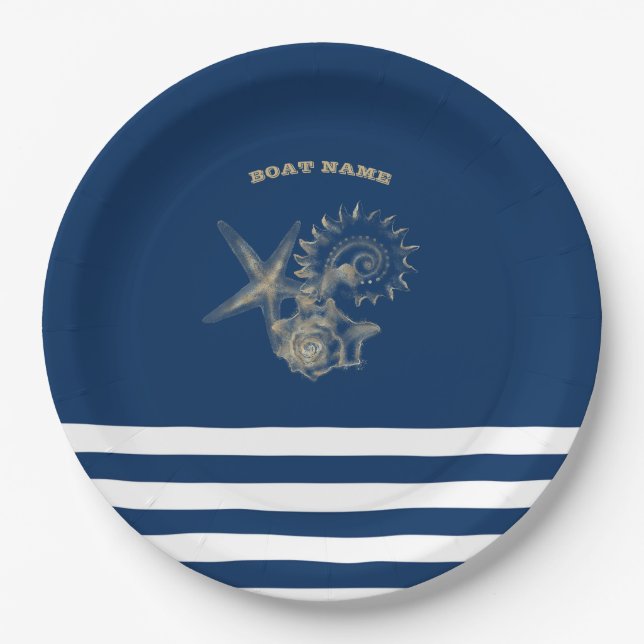 Nautic, Gold Seashells Navy Blue Stripes Pappteller (Vorderseite)
