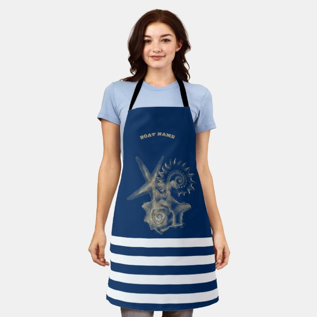 Nautic, Gold Seashells Navy Blue Stripes Schürze (Getragen)