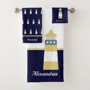 Nautic Gold und Marineblau Leuchtturm Badhandtuch Set