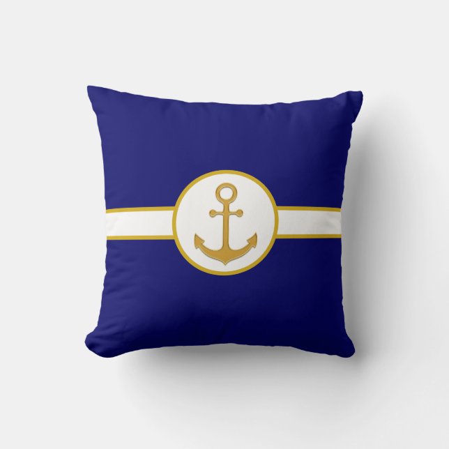 Nautic Golden Anchor auf Navy Blue & White Kissen (Vorderseite)