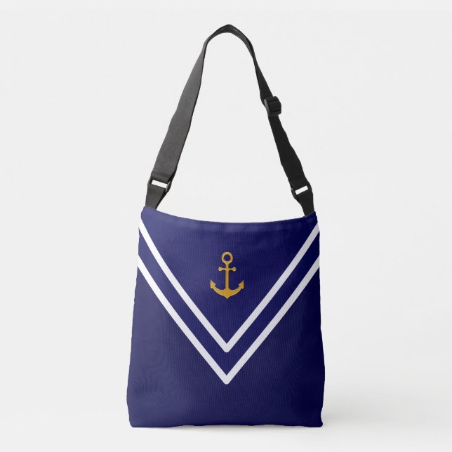 Nautic Golden Anchor auf Navy Blue & White Tragetaschen Mit Langen Trägern (Vorderseite)