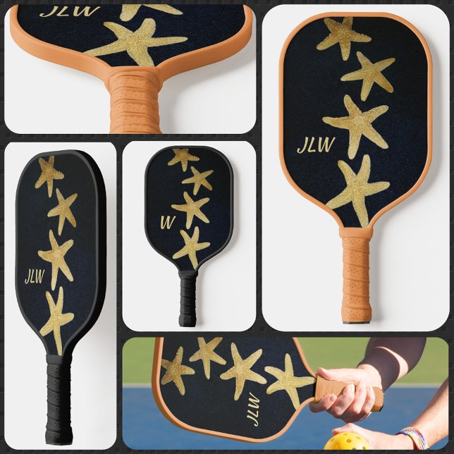 Nautic Golden Starfish Mit Monogramm Black Pickleball Schläger (Von Creator hochgeladen)
