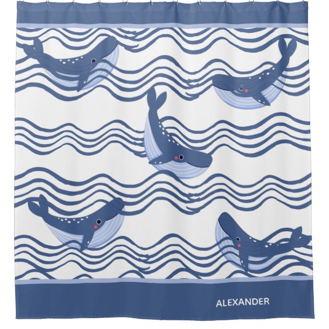 Nautic Gray Blue White Whale Waves Duschvorhang (Vorderseite)