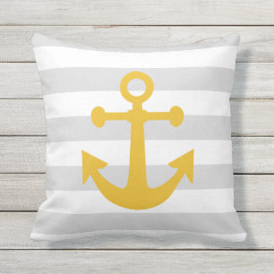 Nautic Gray Streifen Mustard Yellow Anchor Kissen Für Draußen