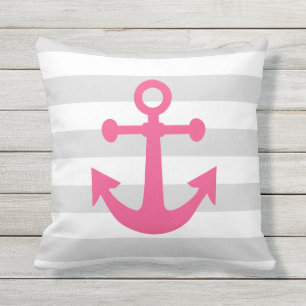 Nautic Gray Stripes Pink Anchor Kissen Für Draußen