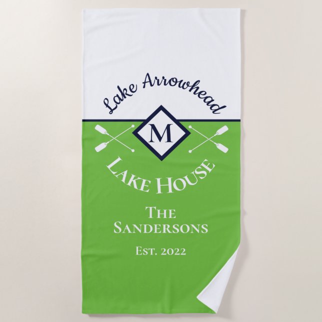 Nautic Green Navy Blue White Monogram Lake House Strandtuch (Vorderseite)