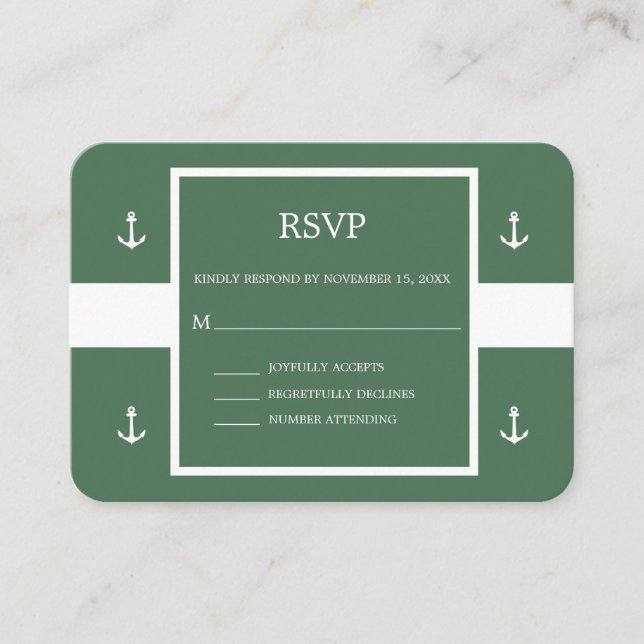 Nautic Green White Anchor Stripes Wedding RSVP E Begleitkarte (Vorderseite)