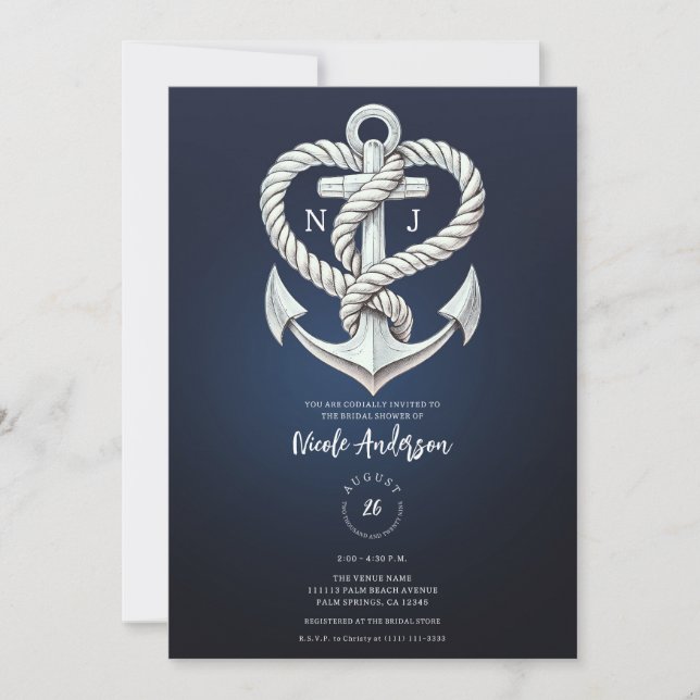 Nautic Heart Rope Anchor Coastal Navy Bridal Einladung (Vorderseite)