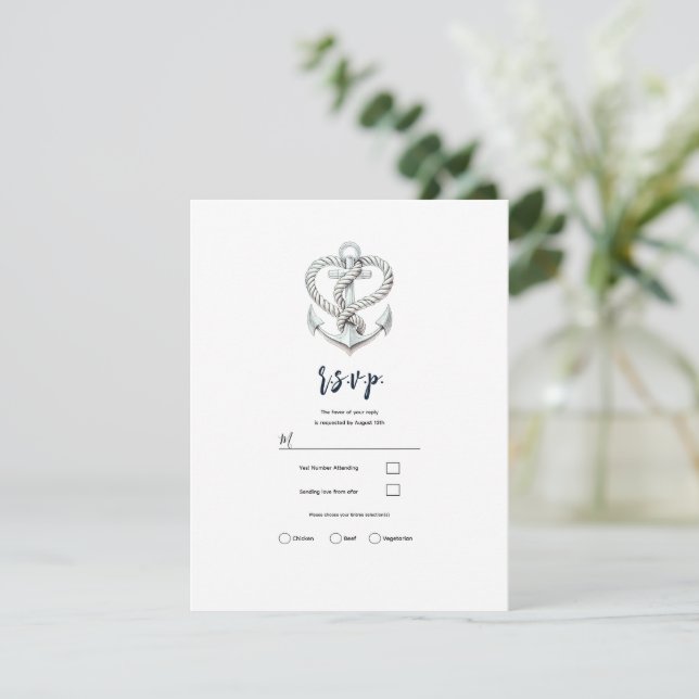 Nautic Heart Rope Anchor Coastal Wedding RSVP Einladung (Stehend Vorderseite)