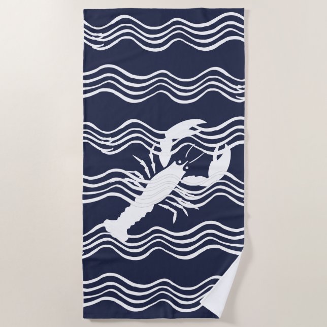 Nautic Hummer Navy White Wave Stripes Strandtuch (Vorderseite)
