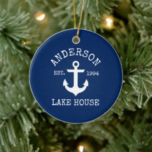 Nautic Lake House Anchor Family Name Blue Keramik Ornament