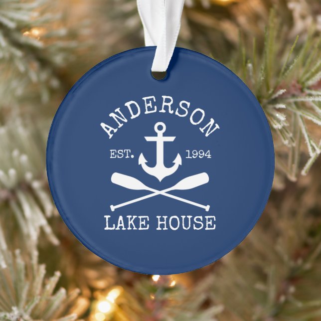 Nautic Lake House Anchor Oars Familienname Blau Ornament (Baum)