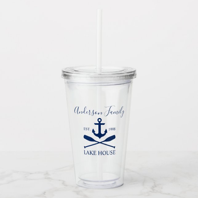 Nautic Lake House Anchor Oars Family Navy Blue Acryltrinkbecher (Vorderseite)