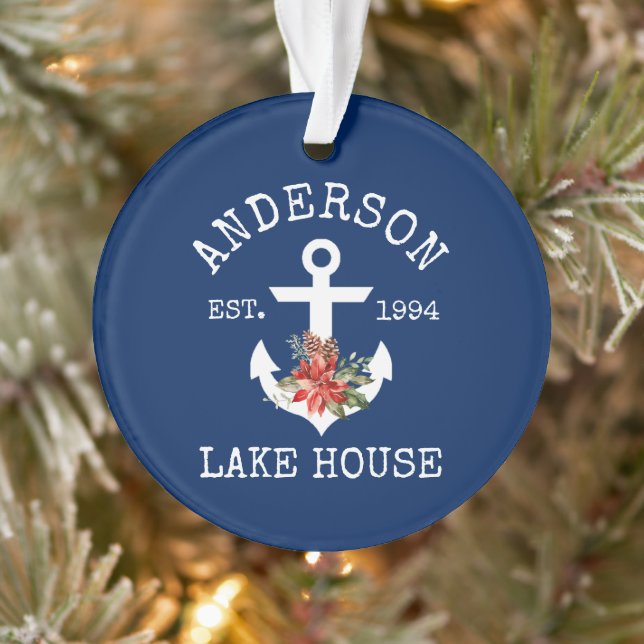 Nautic Lake House Anchor Winter Floral Blue Ornament (Baum)