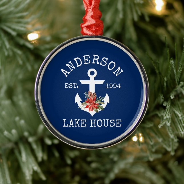 Nautic Lake House Anchor Winter Floral Blue Ornament Aus Metall (Baum)