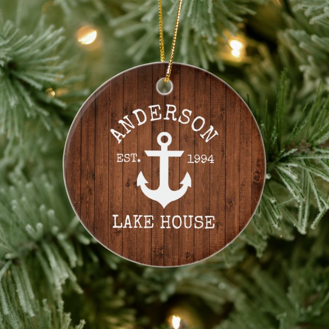 Nautic Lake House Anchor Wood Familienname Keramik Ornament (Baum)