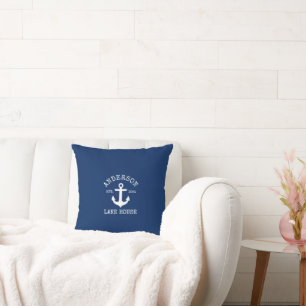 Nautic Lake House Familienname Anchor Navy Blue Kissen