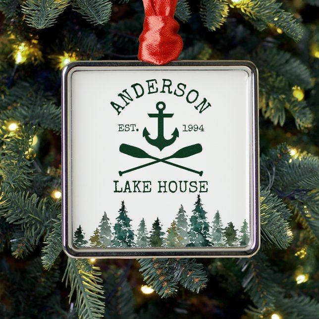 Nautic Lake House Familienname Anchor Oars Pines Ornament Aus Metall (Customize to change text size or text style.)