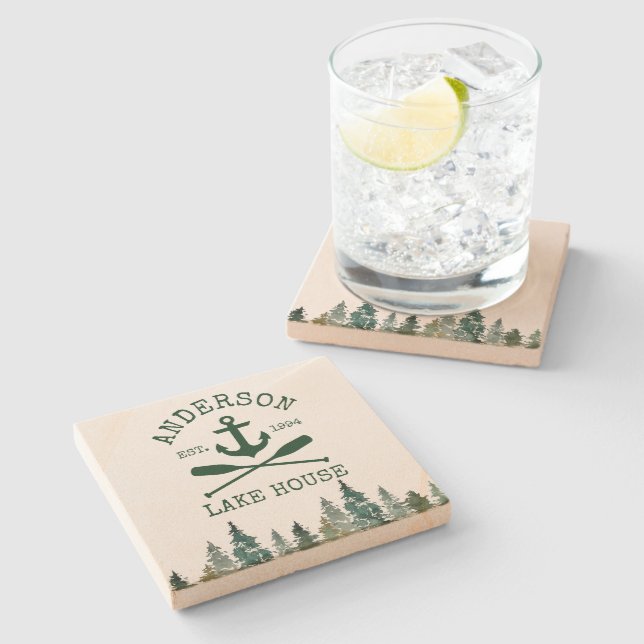 Nautic Lake House Familienname Anchor Oars Pines Steinuntersetzer (Seitenansicht)