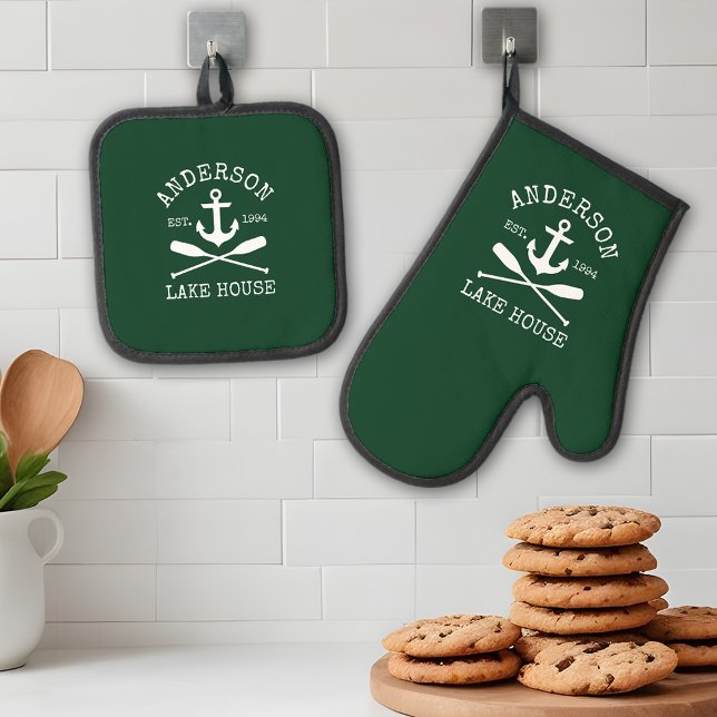 Nautic Lake House Family Anchor Oars Green Ofenhandschuh & Topflappen-Set (A great addition to your kitchen.)