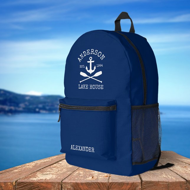 Nautic Lake House Family Anchor Oars Navy Blue Bedruckter Rucksack (Customize to change text size or text style.)