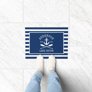 Nautic Lake House Navy Blue Striping Anchor Oars Fußmatte