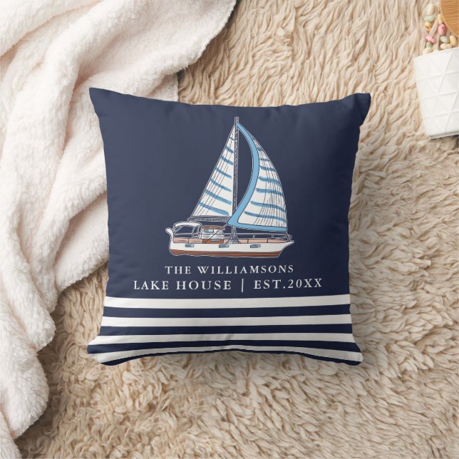 Nautic Lake House Sail Boat Custom Navy Blue Kissen (Decke)