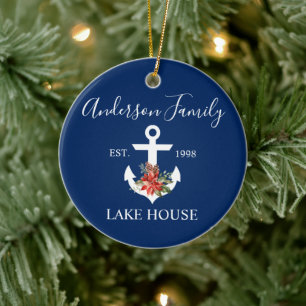 Nautic Lake House Winter Floral Navy Blue Keramik Ornament