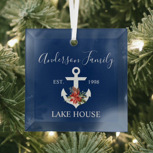 Nautic Lake House Winter Floral Navy Blue Ornament Aus Glas (Insitu)