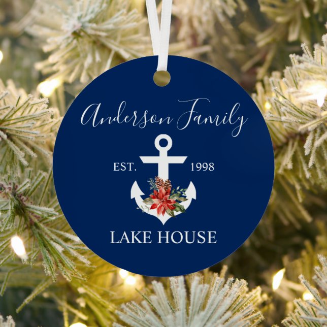 Nautic Lake House Winter Floral Navy Blue Ornament Aus Metall (InSitu)