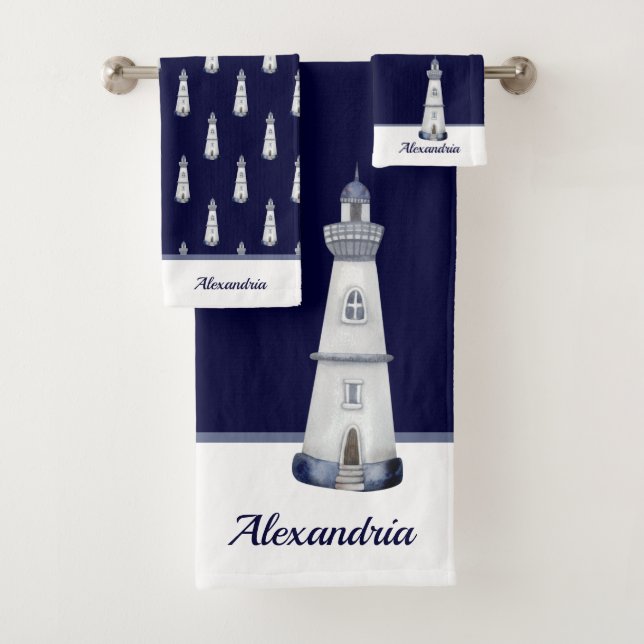 Nautic Light House Navy Blue in White Badhandtuch Set (Insitu)