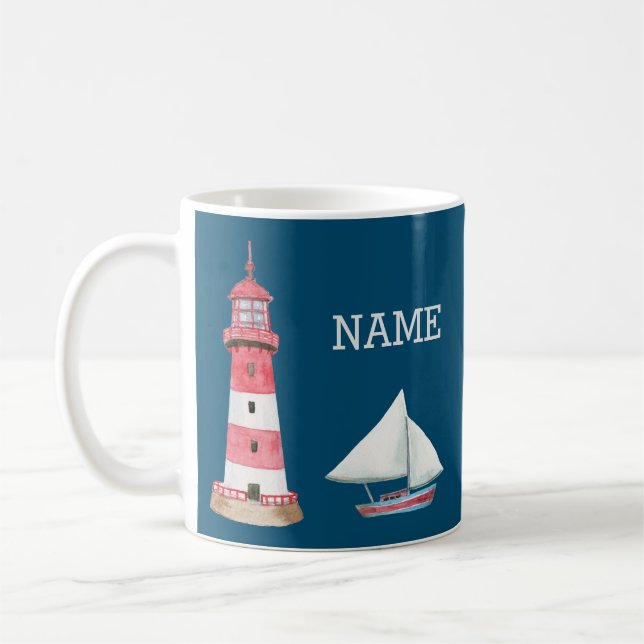 Nautic Lighthouse Sailboat Name Red White Blue Kaffeetasse (Links)