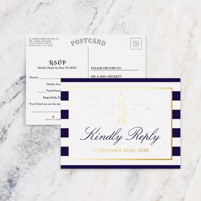 Nautic Lighthouse Wedding RSVP Real Folie Einladungspostkarte (Von Creator hochgeladen)