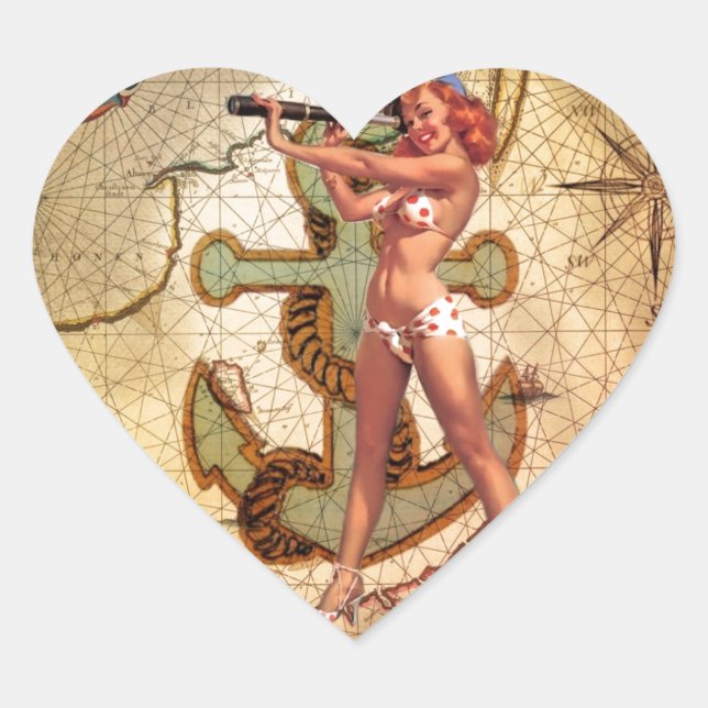 Nautic Map Beach Bikini Button Up Girl Sailor Herz-Aufkleber (Vorderseite)