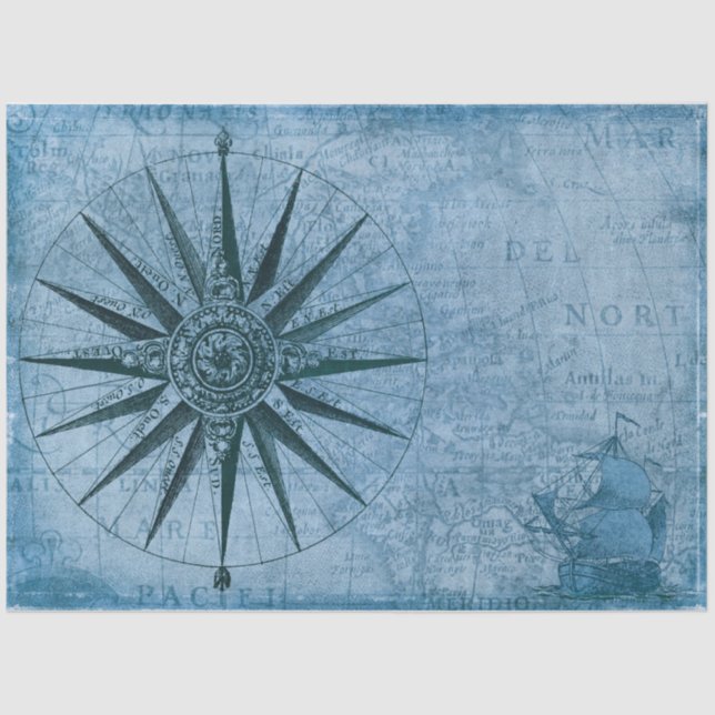 Nautic Map Sailboat Compass Decoupage Blue Seidenpapier (Vorderseite)
