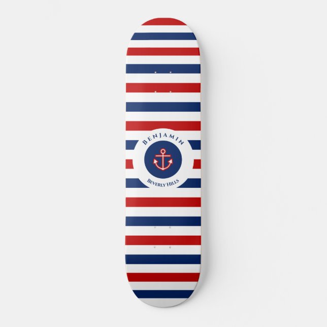 Nautic Marine Navy Blaue weiße Streifen Skateboard (Vorderseite)