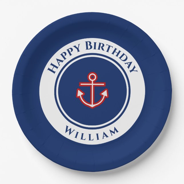 Nautic Marine Navy Blue Red White Birthday Party Pappteller (Vorderseite)