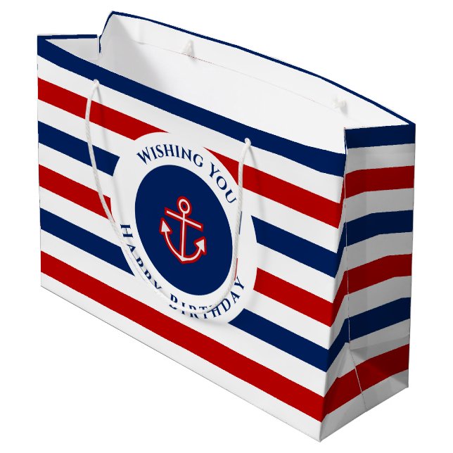Nautic Marine Navy Blue Red White Stripes wünscht Große Geschenktüte (Rückseite Schrägansicht)