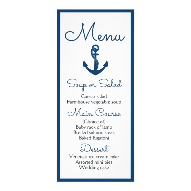 Nautic Menu Navy Blue Anchor Wedding Ocean Werbekarte (Vorne)