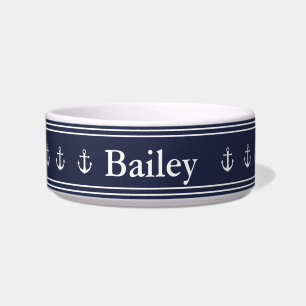 Nautic Midnight Blue White Anchors & Name Pet Napf