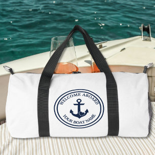 Nautic Modern Heart Anchor White & Navy Duffle Bag