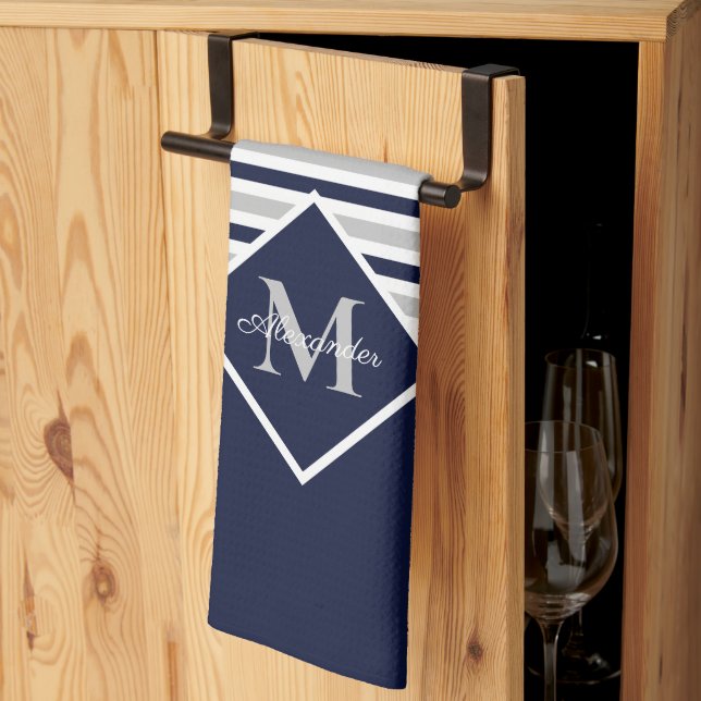 Nautic Modern Navy Blue Gray Monogram Geschirrtuch (Drittel gefaltet)
